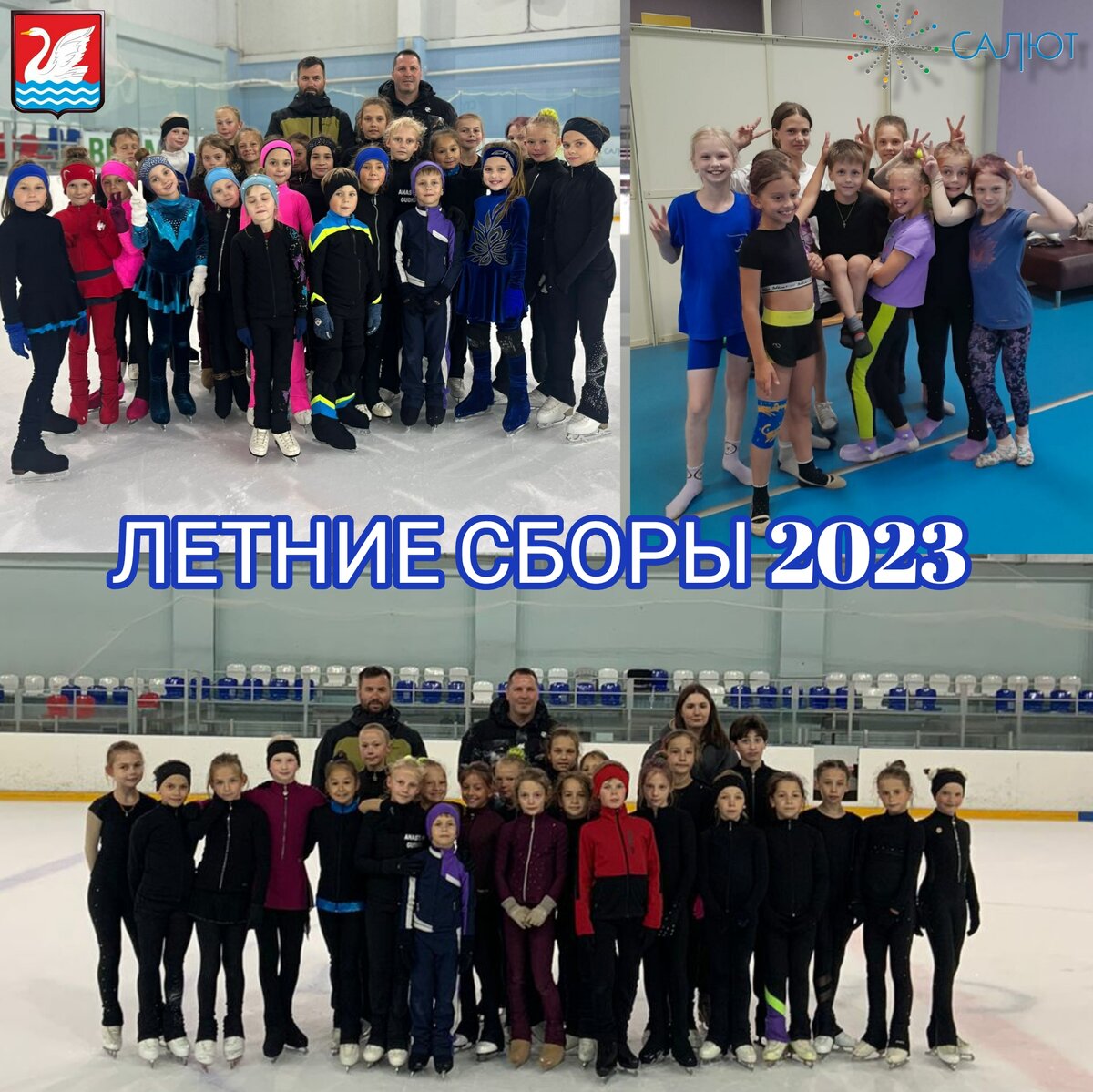 Фотоснимок с спортивных летних сборов, группы по фигурному катанию на коньках Ice Swan. ФСК Салют. Младшая и старшая группы.