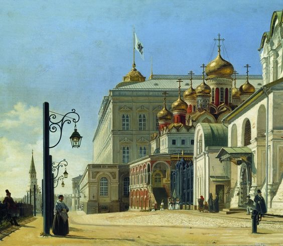 Карл Бодри "Вид в Кремле (Архангельский и Благовещенский соборы)" (1850)