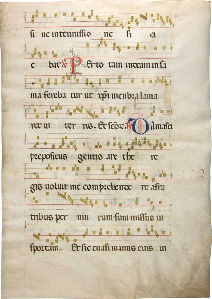 Лист из антифонария на линейных нотах, с номером 173 на лицевой стороне. XIV век, Италия.Пергамен, чернила, краски. 51,1 × 36,5 см. Собрание Музея имени Андрея Рублева