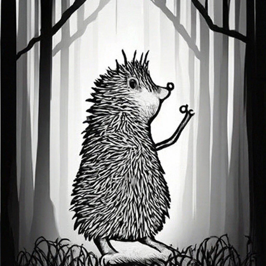 сэр ёж африканский в тумане, графический рисунок черным маркером