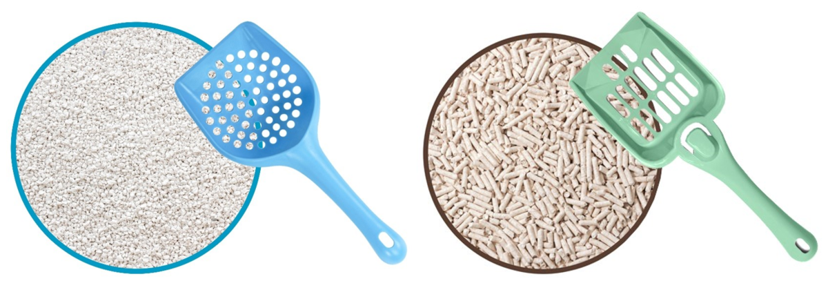 На фото: мелкие бентонитовые гранулы CAT STEP Compact White Original и совок с небольшими отверстиями Triol и крупные растительные пеллеты CAT STEP Tofu и совок с большими отверстиями Triol.