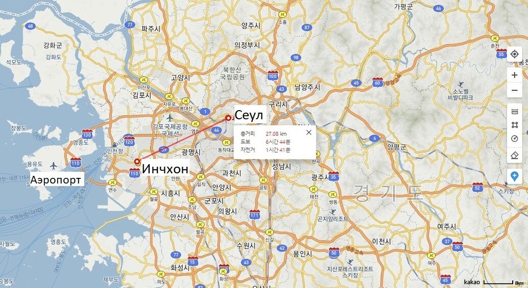 Инчхон на карте Республики Корея (Источник: https://map.kakao.com)
