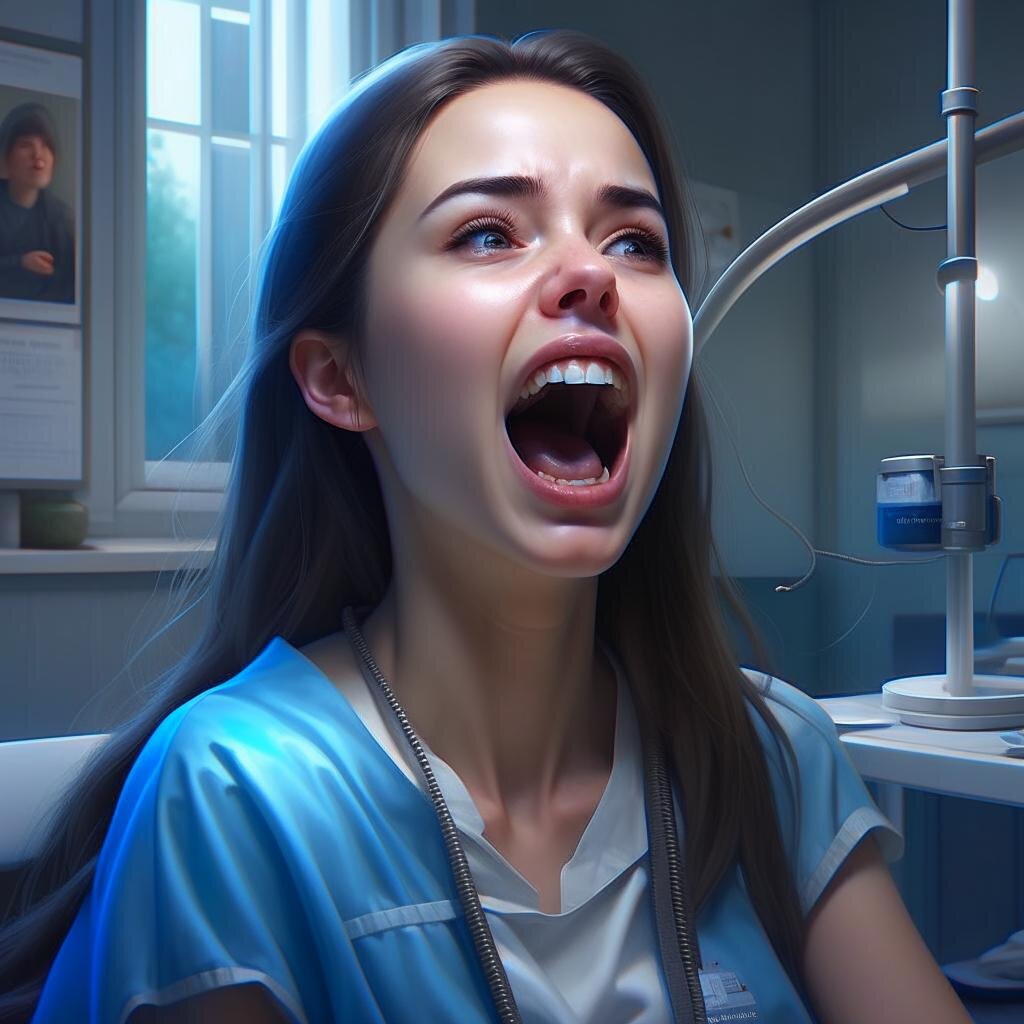 Девушка из нейросети на приеме у отоларинголога. Прямо как я - такая же испуганная.