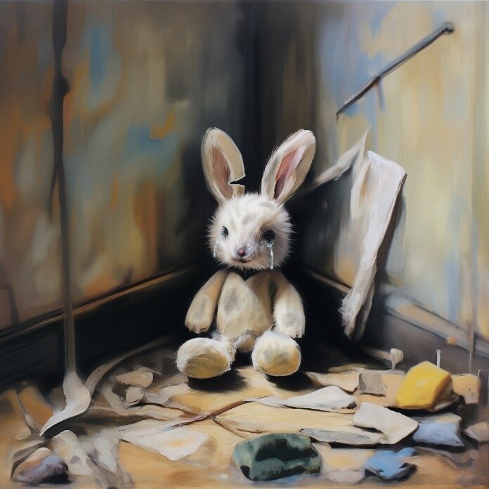 Некрасивый зайка в своём тёмном углу наблюдает за игрою Маши и красивого зайки.