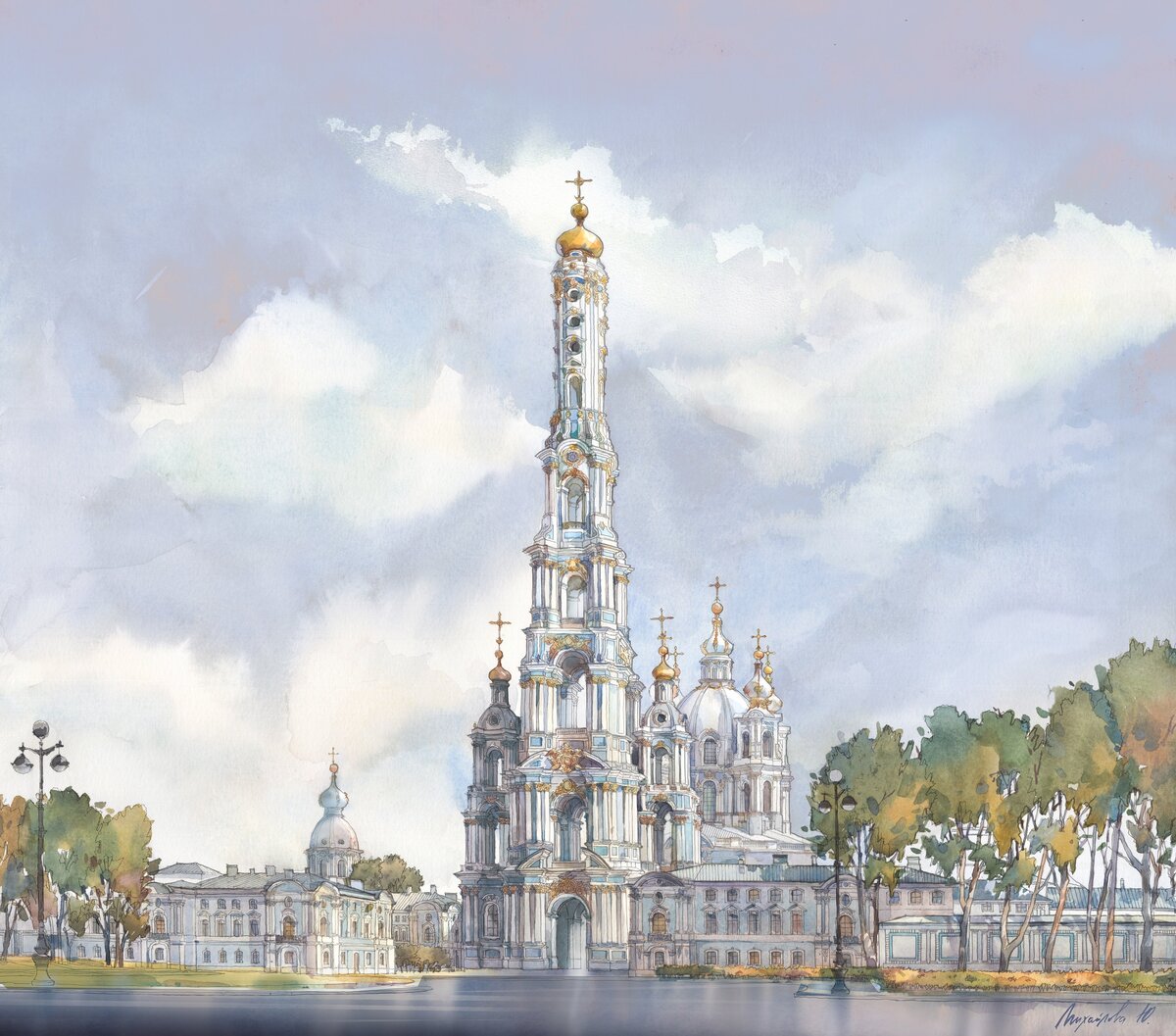 Акварель с видом на собор.