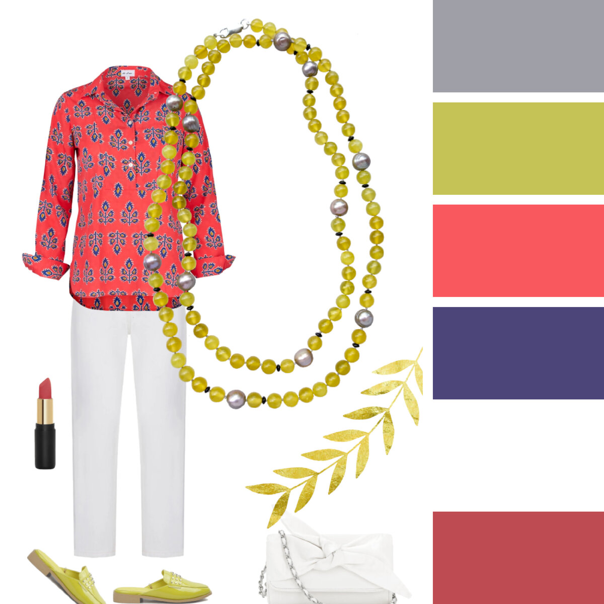 Бусы "Эльза" с белыми брюками и яркой блузкой. Образ №1