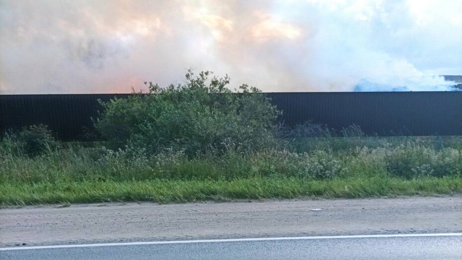    Дым от пожара на Волхонском шоссе, Петербург, Ленинградская область, 17 июля 2023 года. Автор фото: t.me/Megapolisonline