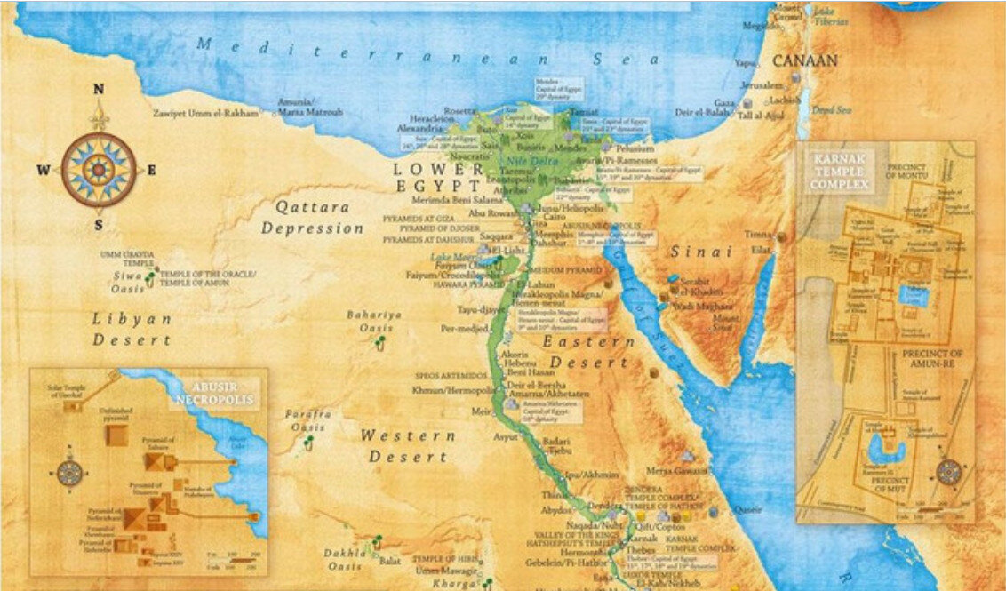 Карта античного Египта. На ней виден тот канал, который существовал в те времена, можно рассмотреть дополнительную полоску растительности в стороне от Нила (открытые источники)