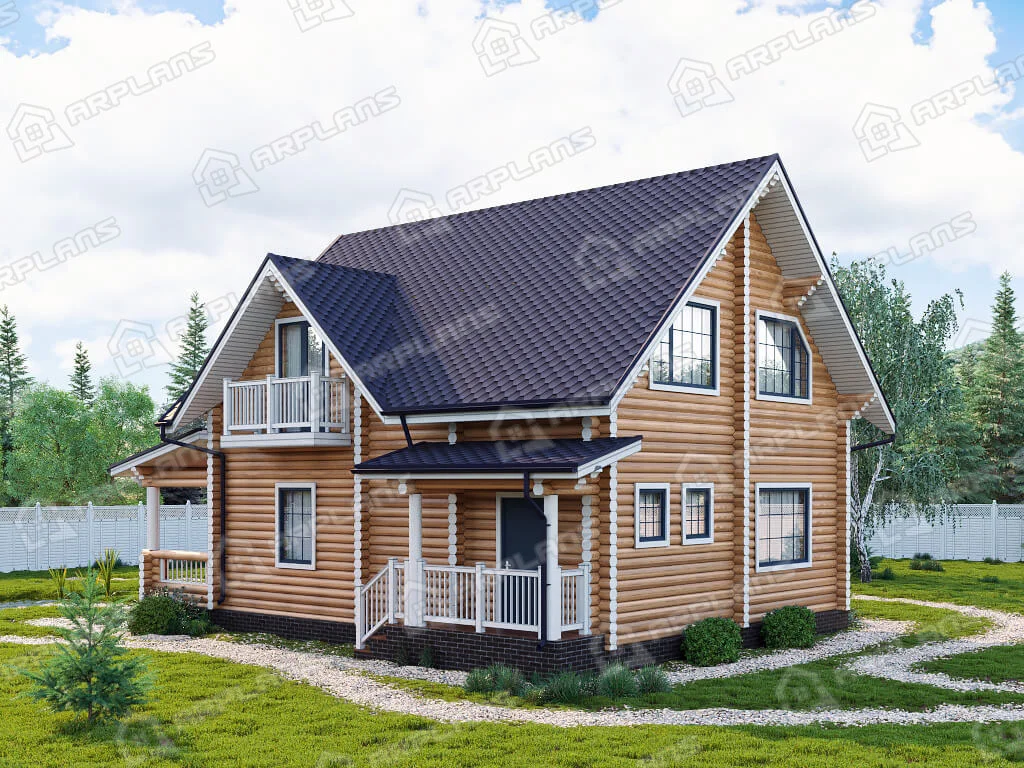 Фото 2 деревянного дома из бревна с мансардой, 3 спальнями, балконом, газовой котельной и террасой. Площадь 160 кв м. Источник arplans.ru Проект ДО-147