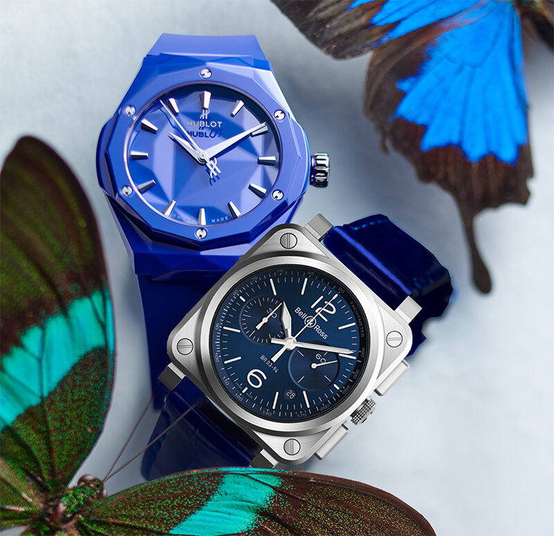 Часы Hublot Classic Fusion Orlinski Blue Ceramic в 40 мм корпусе из керамики и хронограф Bell & Ross BR 03 в 42 мм корпусе из стали с указателем даты