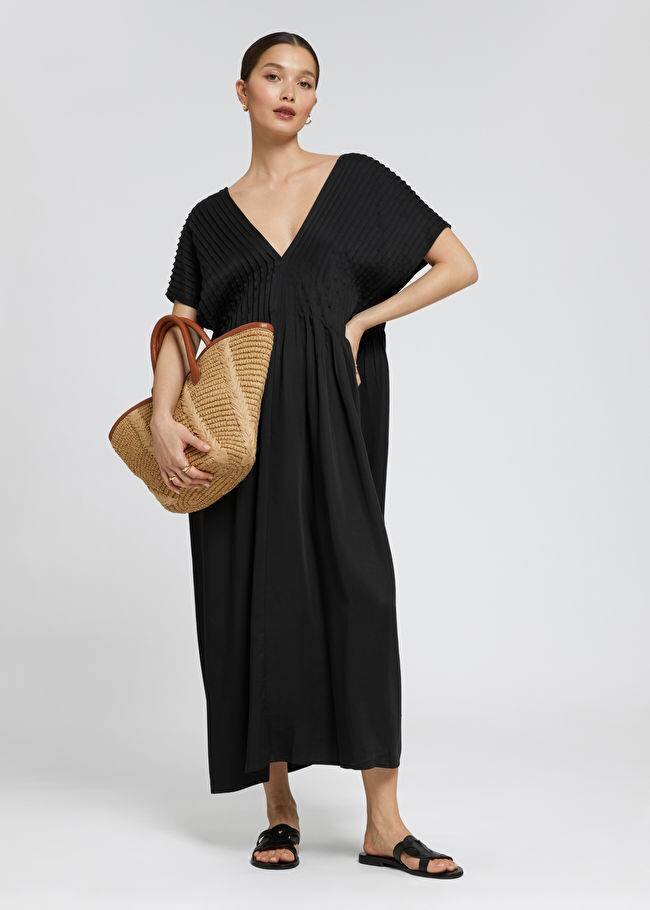 & Other Stories Pleated Midi Kaftan Dress in Black