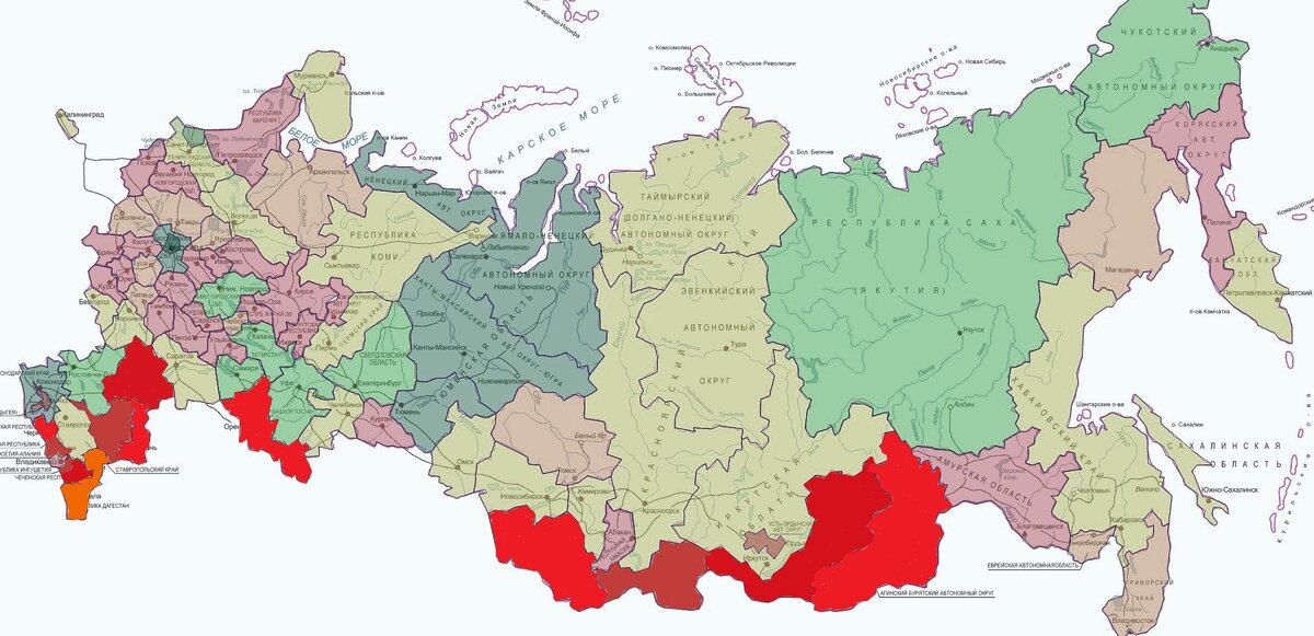 Выделила для вас эти регионы оттенками красного. Иллюстрация автора.