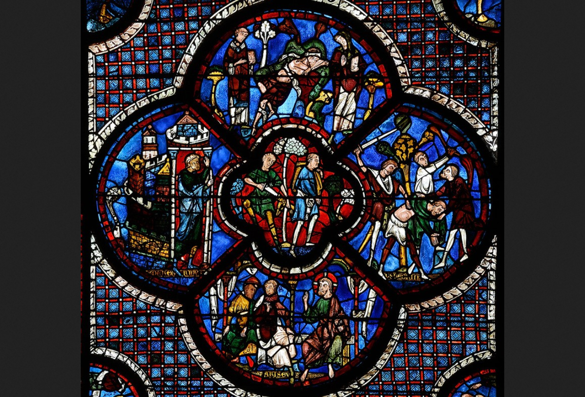 Фрагмент типологического витража о добром самаритянине из Шартрского собора © Фотография Михаила Майзульса
