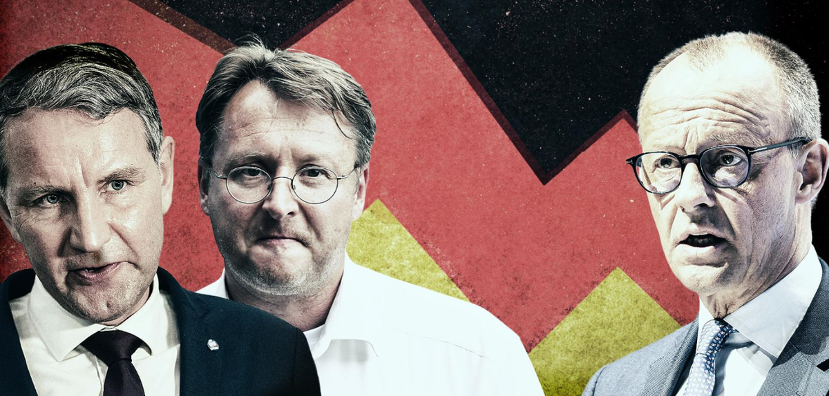 Слева направо: лидер парламентской группы AfD в Тюрингии Бьёрн Хёке, назначенный руководитель округа AfD в Зоннеберге Роберт Зессельманн и лидер ХДС Фридрих Мерц © jens schlueter/AFP; Michael Matthey/Martin Schutt/dpa; Getty Images; Монтаж: Infografik WELT