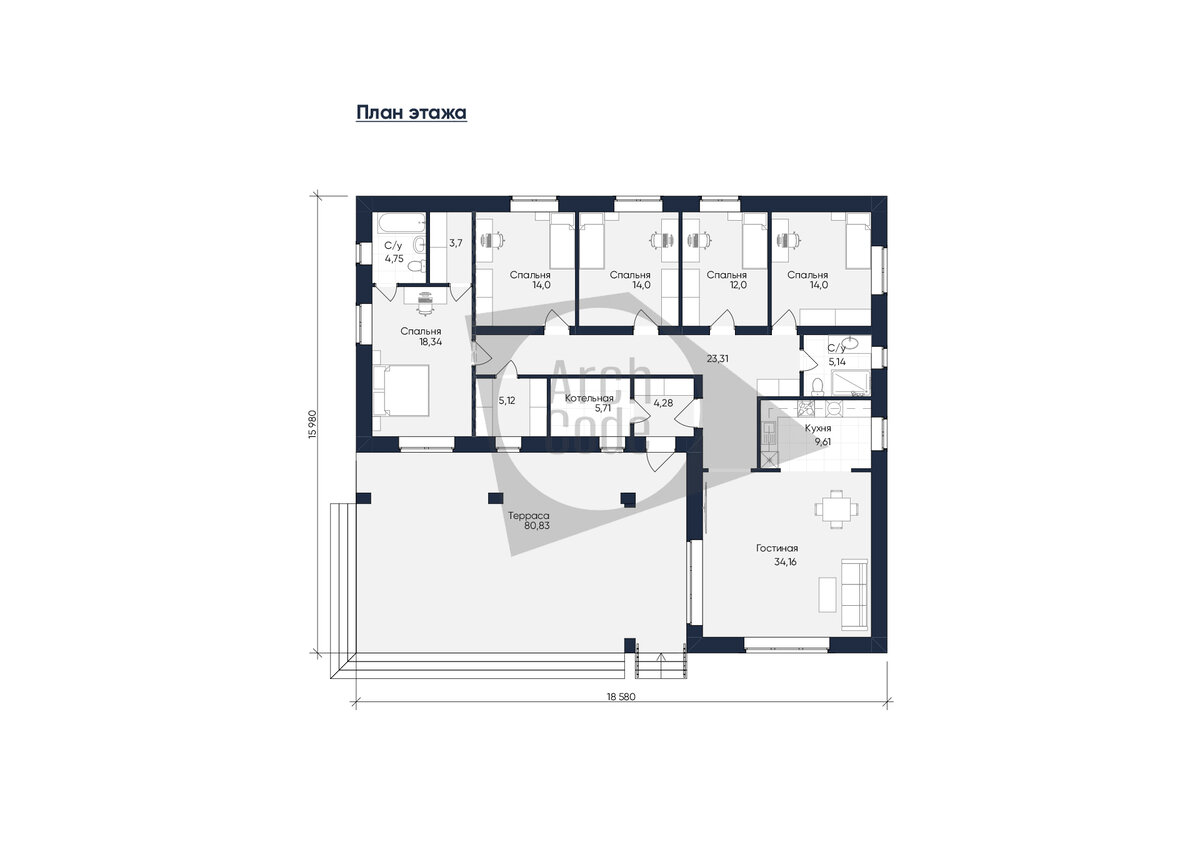 Проект красивого одноэтажного дома «Добрыня» с шестью комнатами | ArchCode  | Проектирование домов | Дзен