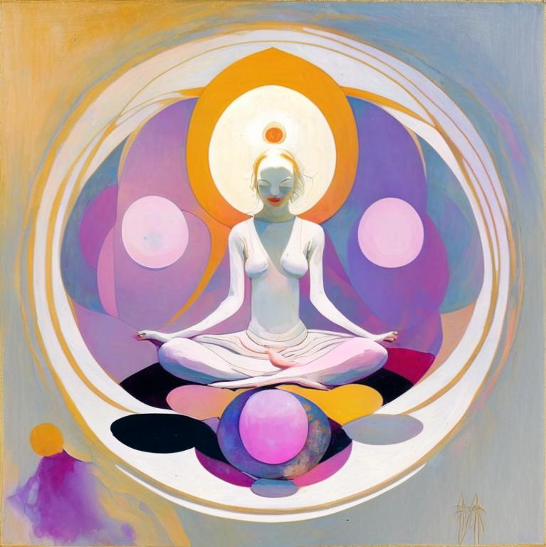 Клоунесса в позе лотоса жонглирует сферами энергии любви. Художник Екатерина Бородулина. Создано нейросетью Кандинский 2.1