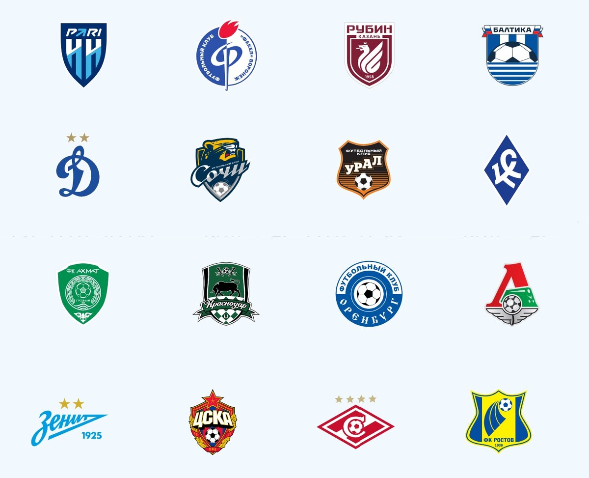 Логотипы клубов РПЛ сезона 2023/24 /// источник логотипов: РПЛ premierliga.ru