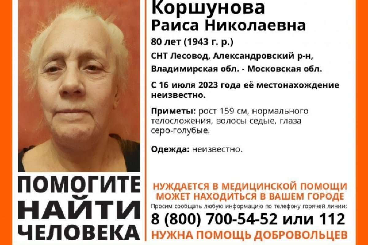    Во Владимирской области разыскивают пропавшую 80-летнюю Раису Коршунову