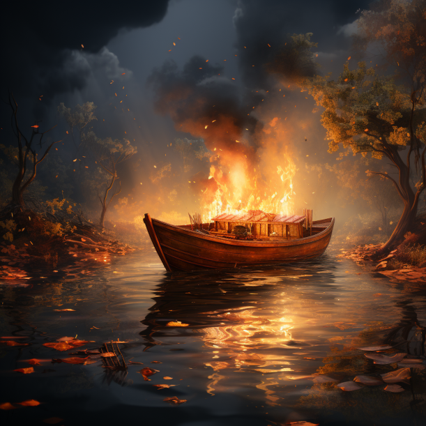 Иллюстрация похоронного ритуала у Викингов. Тело усопшего вместе с нажитым богатством клали в лодку и поджигали.