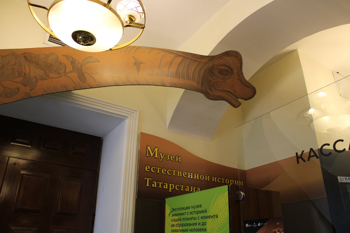 Брахиозавр у кассы музея, на теле которого изображены другие древние животные и растения