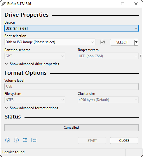 Запустите Rufus и вставьте USB-порт размером не менее 8 ГБ