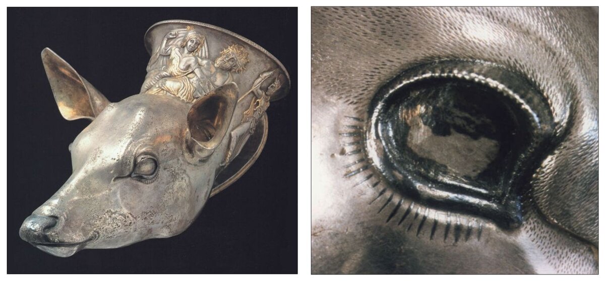 Слева: Ритон в форме головы олененка из музея Винкельмана в Триесте (Италия). Нос, рот и глаза подчеркнуты чернью. Датировано ок. 510 г. до н. э. Справа: Деталь черни на правом глазу олененка. Фото (c)  А. Джиумлия-Маир)