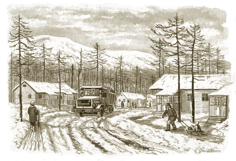 Тында 1980-х, иллюстрация Николая Фомина для переиздания повести "Зимовьё на Гилюе".