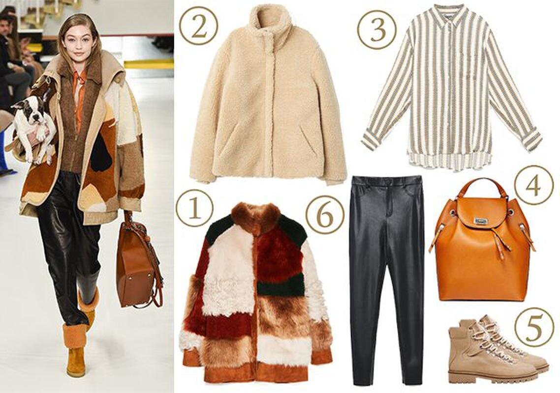 Показ Tod's, осень-зима – 2019; 1. Шуба Uterque, 86 990 руб.; 2. Шуба H&M, 3499 руб.; 3. Рубашка Zara, 3999 руб.; 4. Рюкзак Stradivarius, 1999 руб.; 5. Ботинки Mango, 7999 руб.; 6. Легинсы Zara, 1999 руб. 
