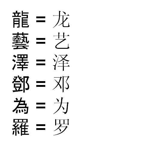 Слева представлены традиционные иероглифы, а справа упрощённые
 