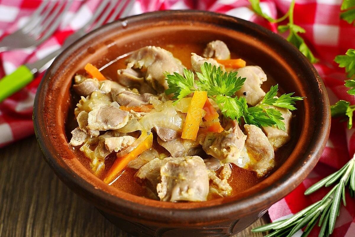 Блюда куриные желудки тушеные