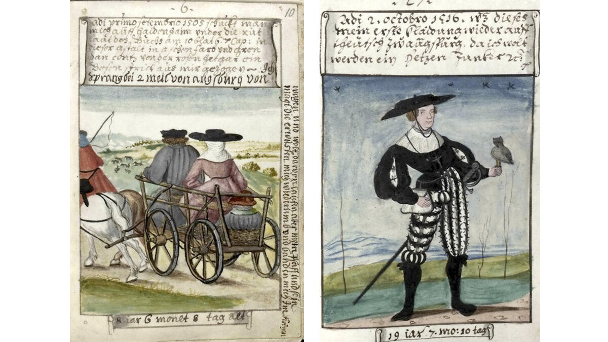 Рисунок слева: Маттеус едет на телеге вместе с родителями, здесь ему 8 с половиной лет.
Рисунок справа:Маттеусу 19 лет и 7 месяцев. Он в модном костюме с гульфиком