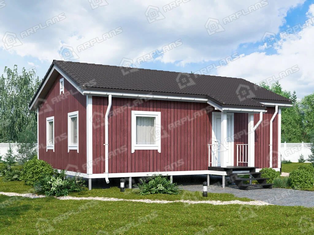 Фото 1 одноэтажного каркасного дома с 2 спальнями и патио. Общая площадь до 100 (67) кв м. Источник arplans.ru Проект И-093
