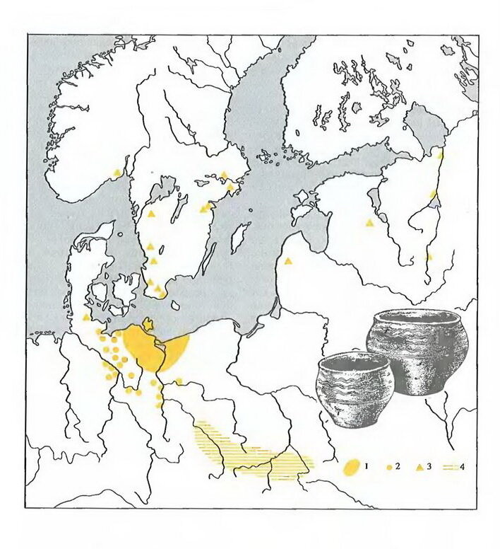Распространение фельдбергской керамики. 1. Основная область распространения фельдбергской и фрезендорфской керамики. Комплексы и единичные находки фельдбергской и фрезендорфской керамики за пределами основной области их распространения 2. на территории западнославянских племён, 3. на других территориях, 4. предположительная исходная область формирования керамики фельдбергского и фрезендорфского типов. 
Источник: https://historylib.org/historybooks/Pod-redaktsiey-E-A--Melnikovoy_Slavyane-i-skandinavy/7