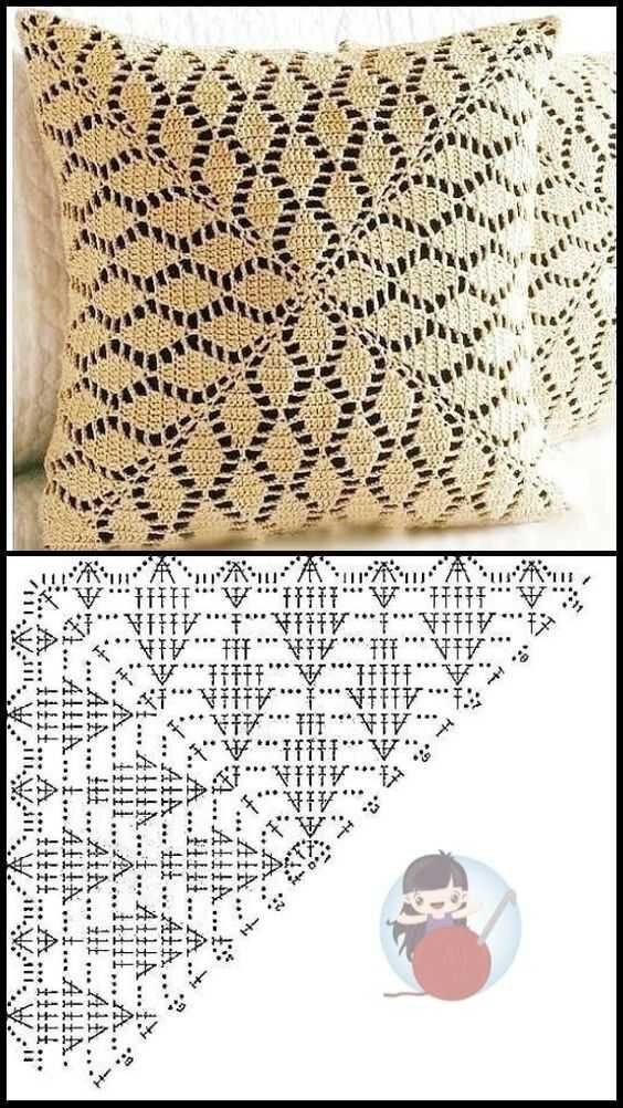 Ажурная подушка с узором в форме листочков. Схема вязания крючком. Фото из свободного доступа.