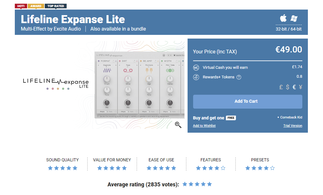 "Lifeline Expanse Lite" от "Excite Audio" на сайте "Plugin Boutique" 