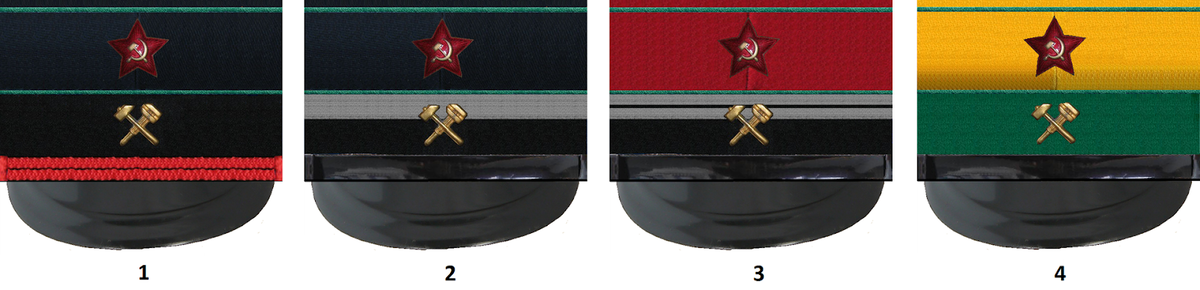 Фуражки НКПС-МПС: 1 — главных кондукторов; 2 — машинистов; 3 — начальников станции и дежурных по станции при исполнении обязанностей (галуны — по классу станции); 4 — бригадиров пути и сигналистов при ограждении мест ремонта пути (1943) MaslakovAS. Собственная работа, CC BY-SA 4.0, https://commons.wikimedia.org/w/index.php?curid=90799713