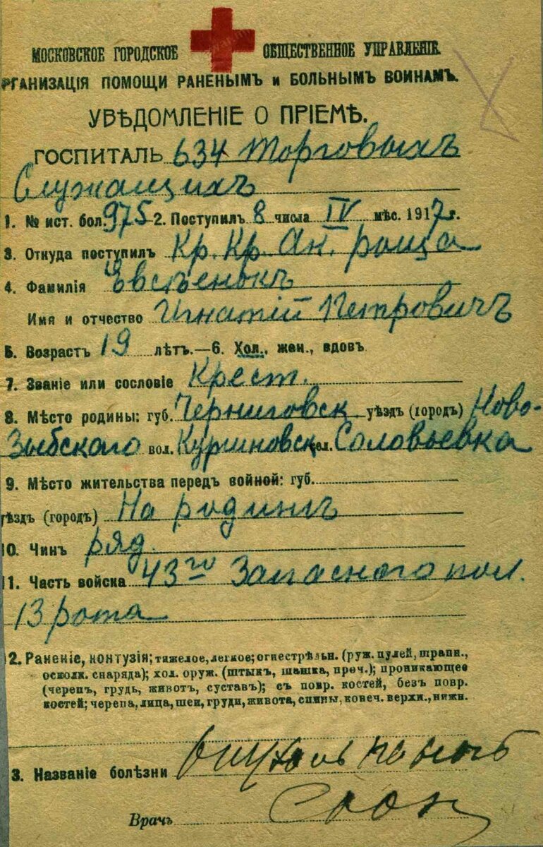 1917 год, карточка Красного креста. Евсеенко Игнат Петрович
