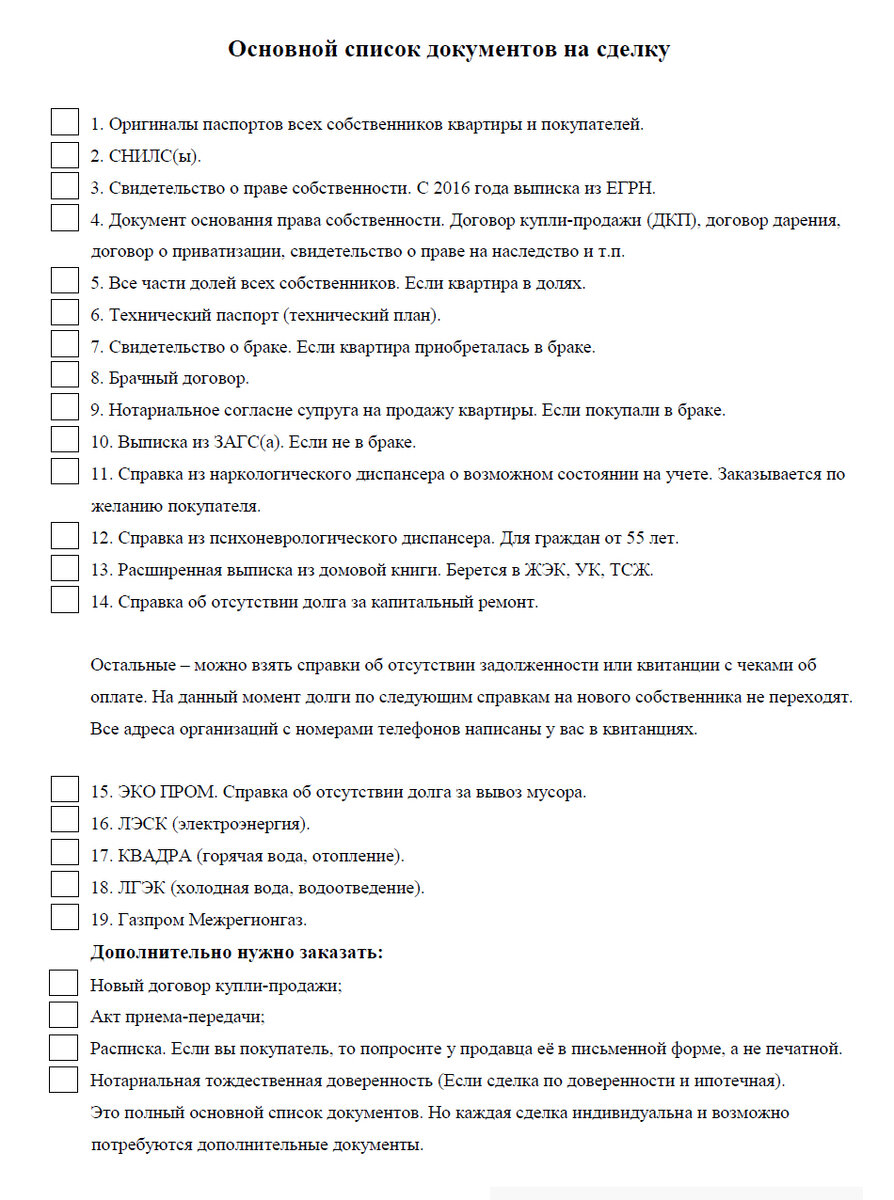 Список документов на сделку