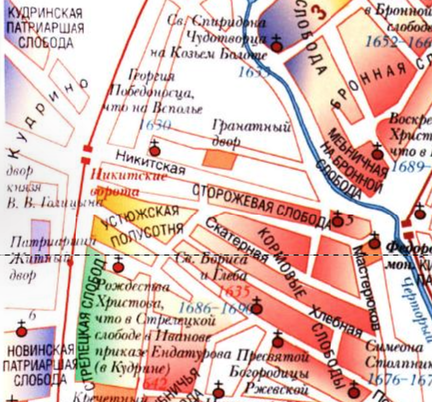 Восстановленная карта местности по данным на 1675 год. Тут вы можете посмотреть, что тогда находилось в окрестностях. С сайта www.retromap.ru.