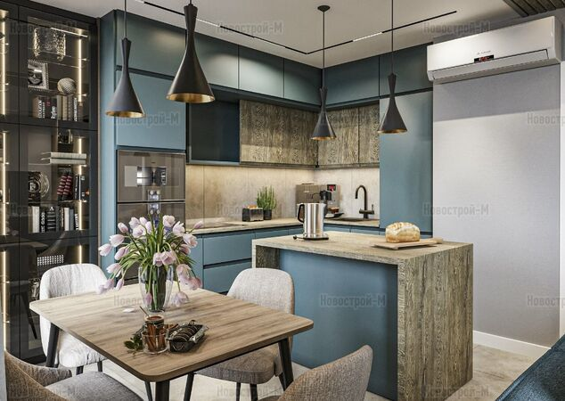 Натуральное дерево в отделке кухни-гостиной.Дизайн Terri Group