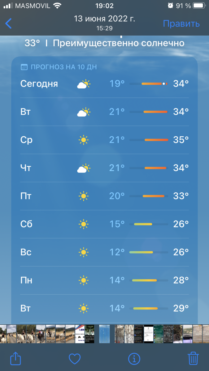 Снимок экрана с температурами и датой за прошлый год