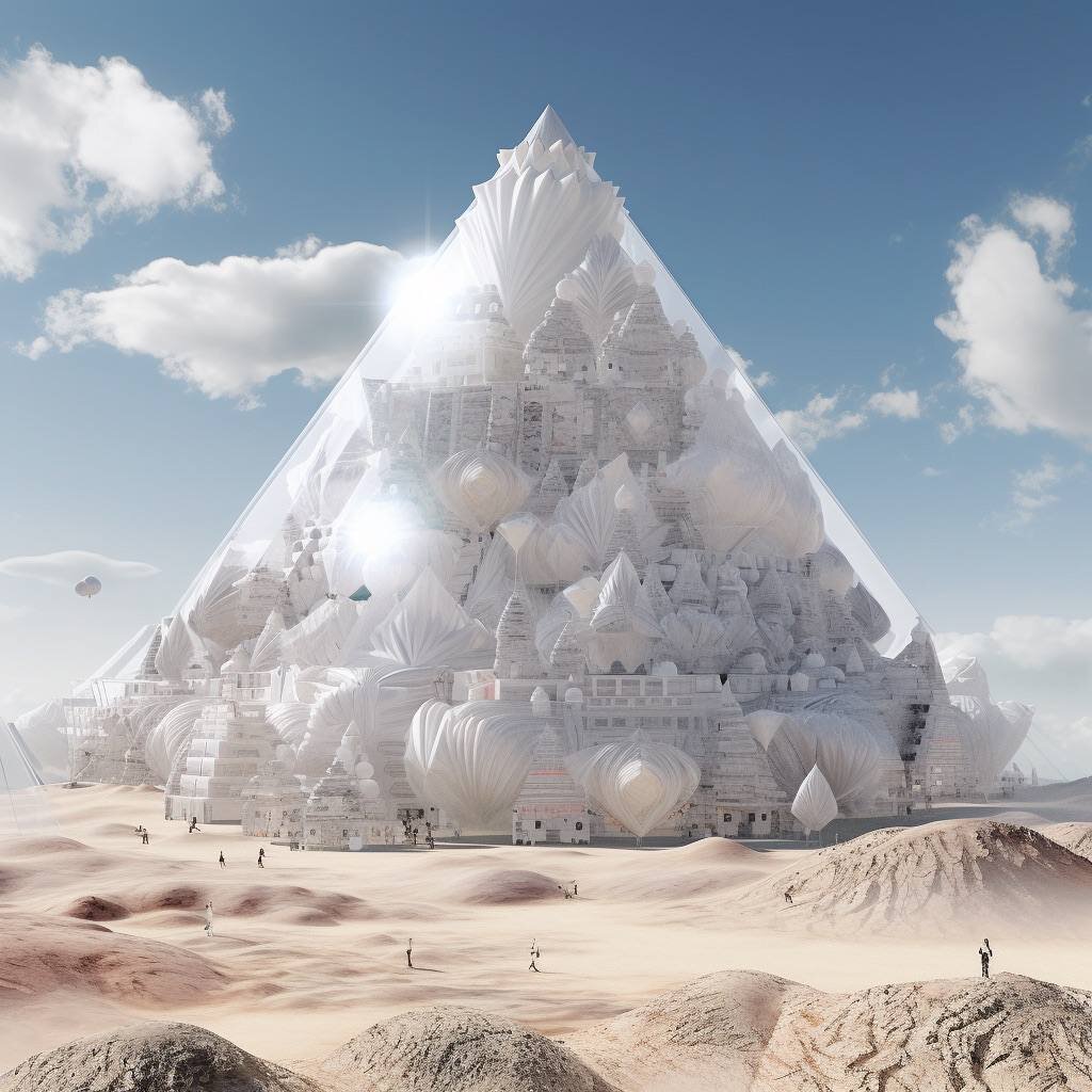 Prompt:Pyramid of Hiops in neumatic style, if was inflatable like a balloon in a real landscape, elaborate spacecrafts, photo-realistic hyperbole, 32k uhd, gossamer fabrics, dazzling cityscapes, white, installation-based 