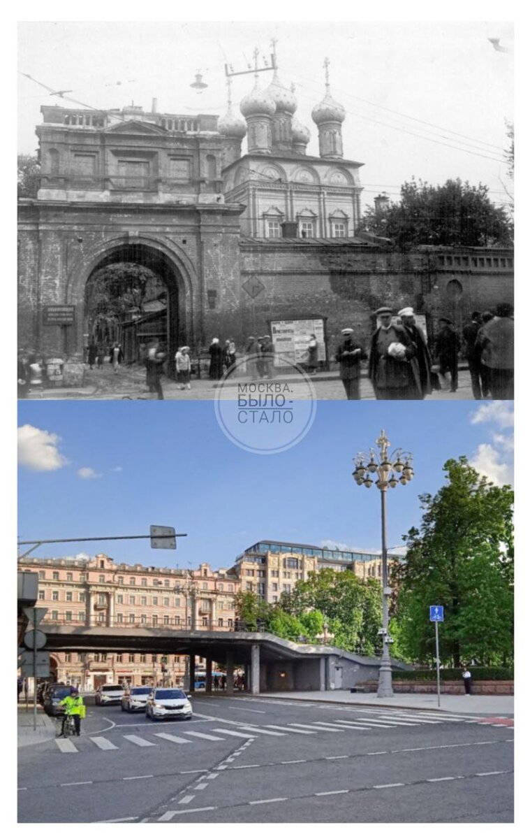 Страстной монастырь с угла Малой Дмитровки и Большого Путинковского переулка. Теперь на его месте стоит бывший кинотеатр «Россия» 