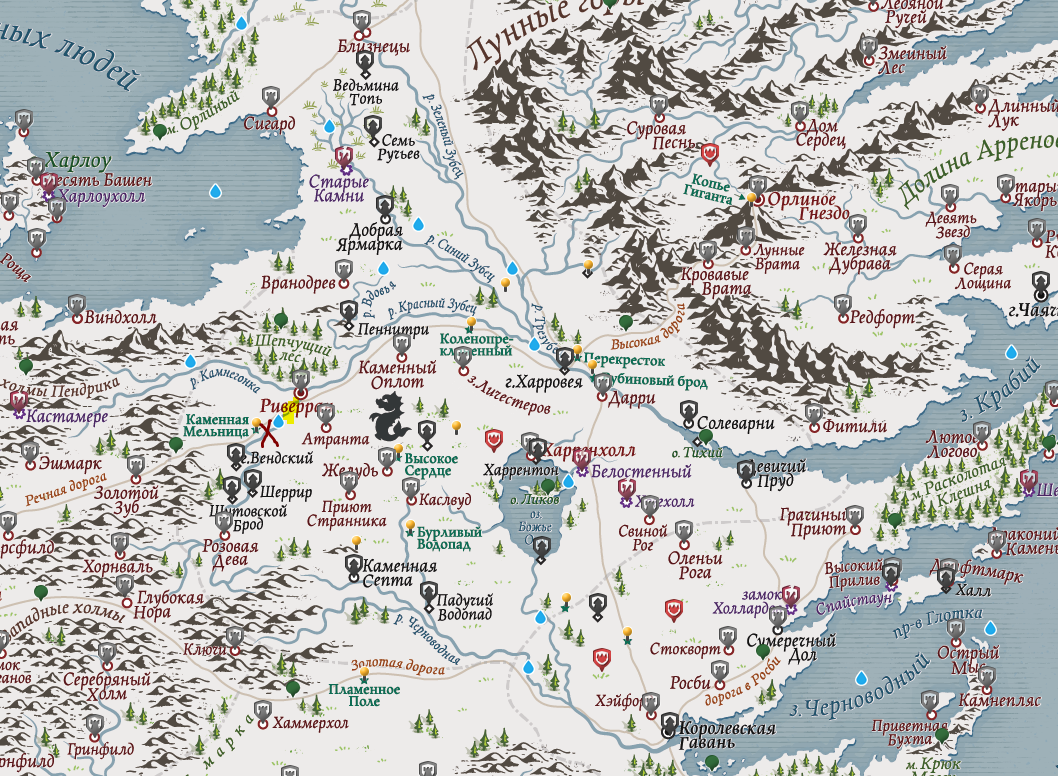 Красный крест - приблизительное место боя. Жёлтая отметина - место, где зелёная сотня переплыла реку. 
