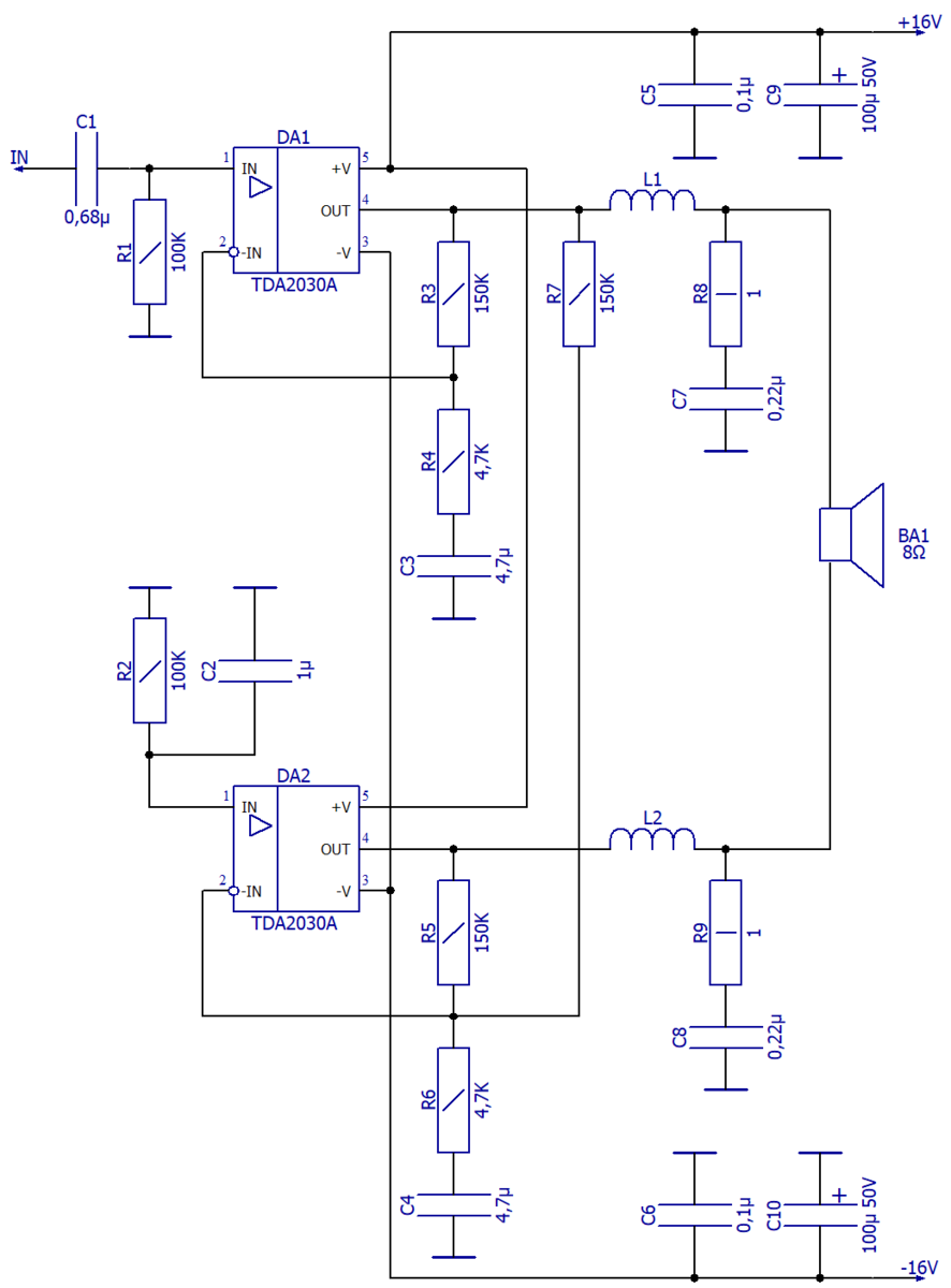Схема электрическая принципиальная УНЧ 25Вт/8Ом на двух TDA2030 с двухполярным питанием