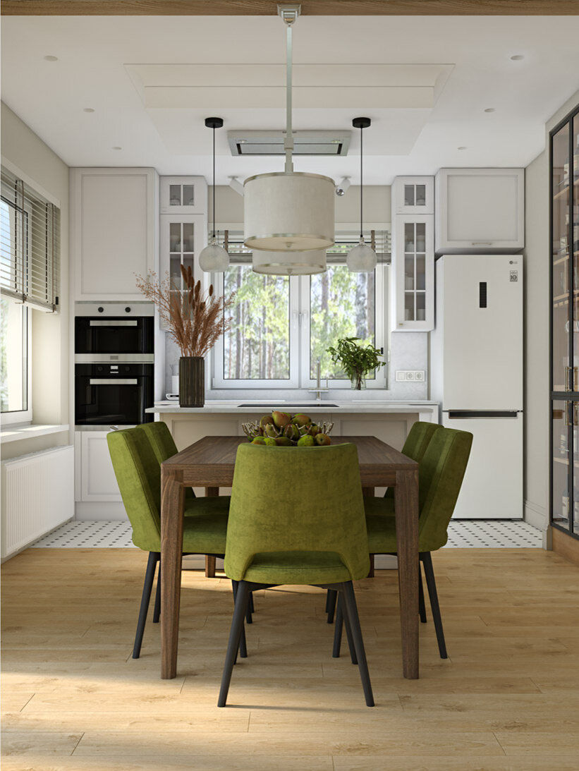 интерьер: современная кухня гостиная в загородном доме