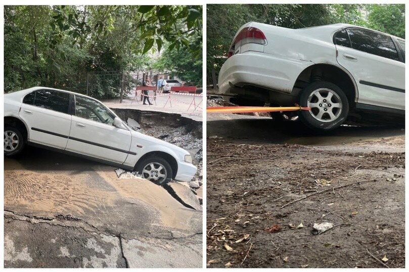В Новосибирске в среду, 12 июля, возле дома №2 на улице Вокзальной магистрали в асфальт провалился седан Honda Domani.-2