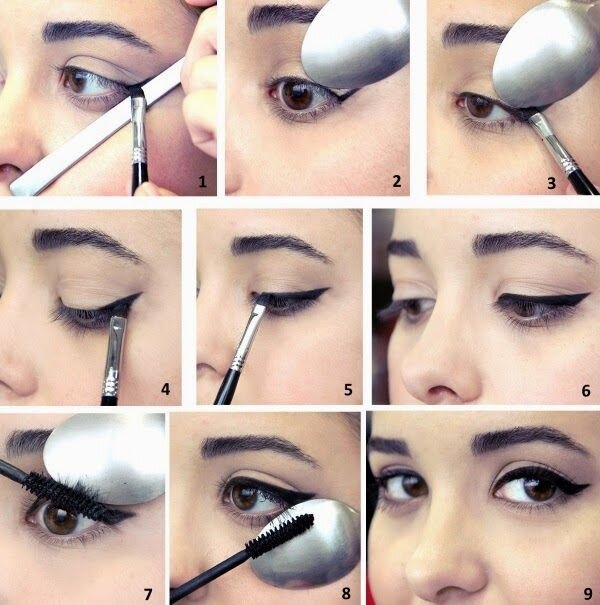 Поэтапное нанесение макияжа с использованием столовых приборов.