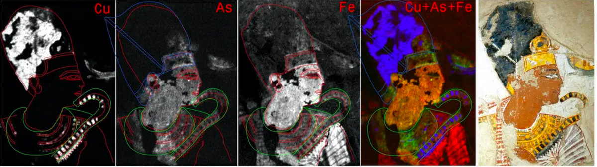 Рентгенофлуоресцентное изображение, показывающее аспекты изображения Рамсеса II, невидимые невооруженным глазом. Фото: Philippe Martinez