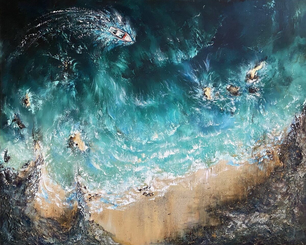 Людмила Горбунова «Прибрежная симфония», холст, масло, текстурная паста, поталь, 80 * 100 см